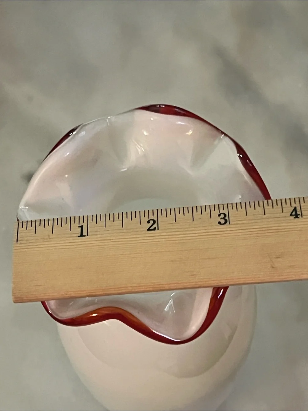 Glossy White Glass Vase with Red Ruffle Rim